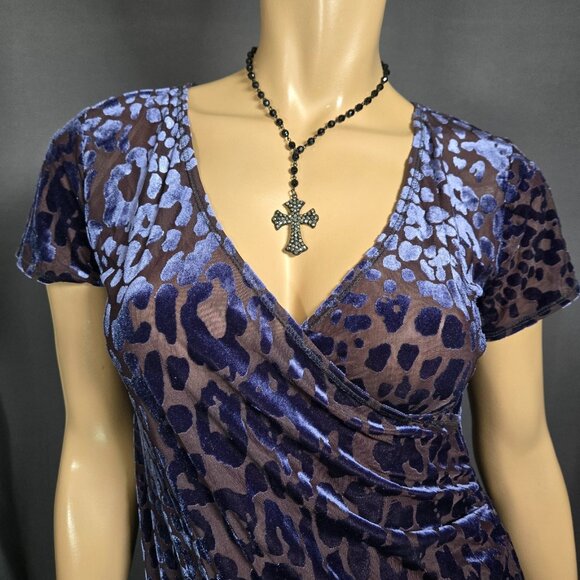 Y2K Blue Leopard Flocked Velvet Burnout Sheer Mesh Top Size M V Neck - Picture 2 of 11